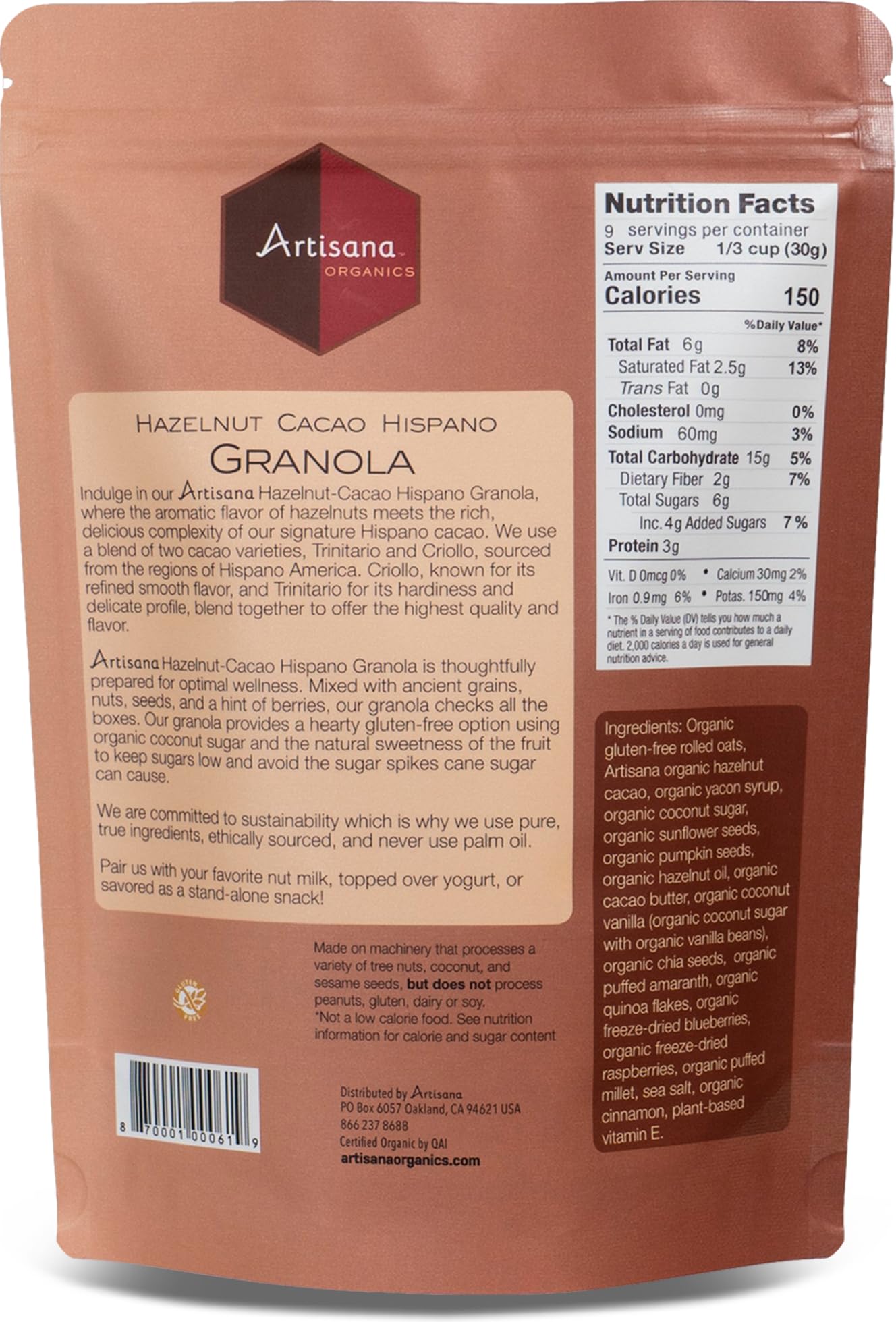 Artisana Organics Hazelnut-Cacao Granola - Gluten-Free, Vegan, Low Glycemic, Organic, Palm Oil-Free, Ancient Grains with Plant-Based Vitamin E, 10 oz
