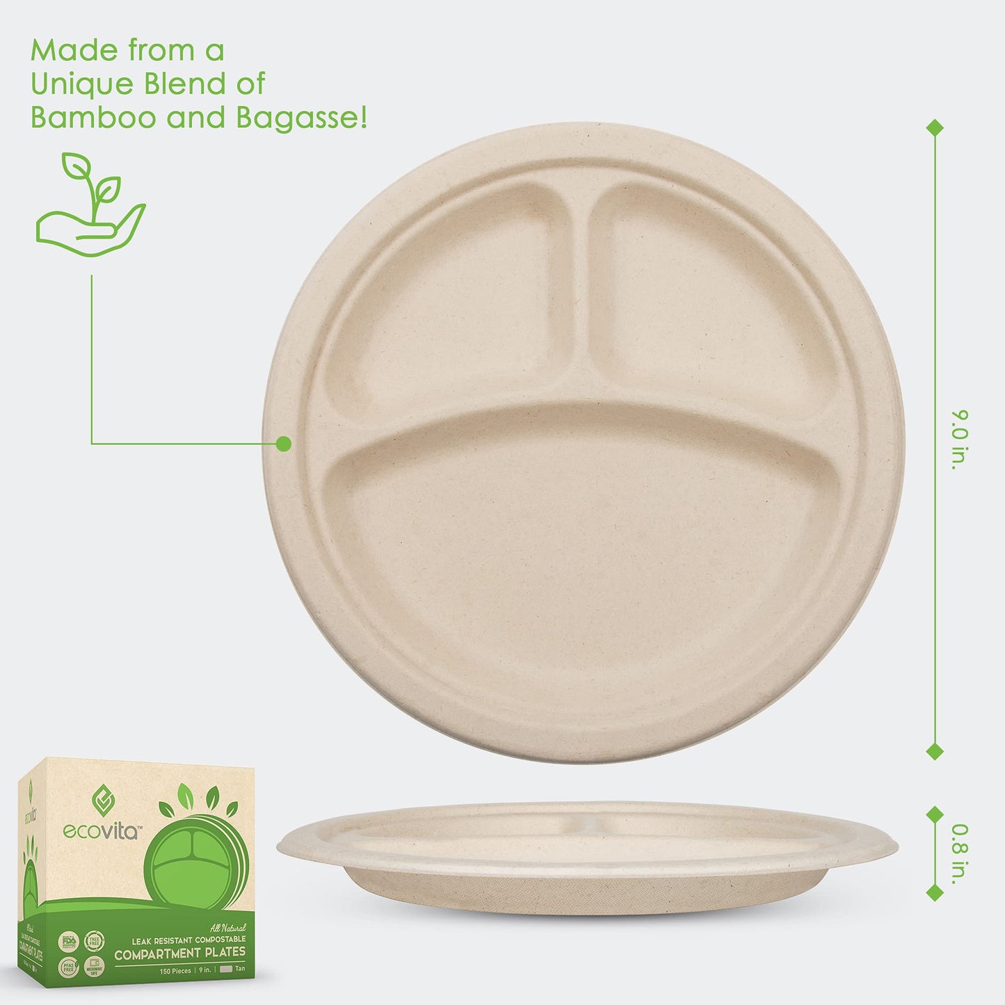 Ecovita 100% Compostable Paper Plates [9 in.] COMPARTMENTS - 150 Disposable Plates Eco Friendly Sturdy Tree Free Liquid and Heat Resistant Alternative
