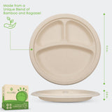 Ecovita 100% Compostable Paper Plates [9 in.] COMPARTMENTS - 150 Disposable Plates Eco Friendly Sturdy Tree Free Liquid and Heat Resistant Alternative