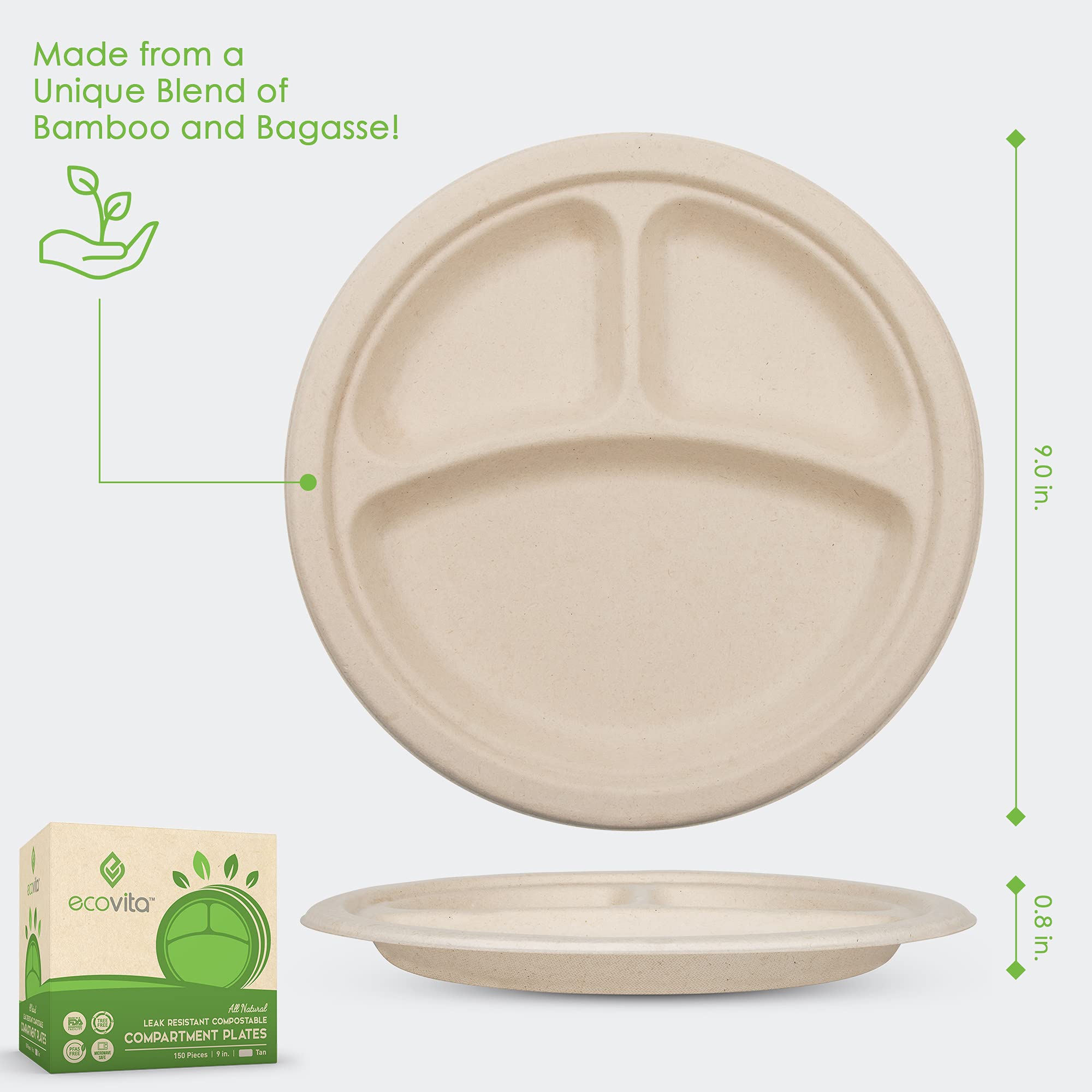 Ecovita 100% Compostable Paper Plates [9 in.] COMPARTMENTS - 150 Disposable Plates Eco Friendly Sturdy Tree Free Liquid and Heat Resistant Alternative