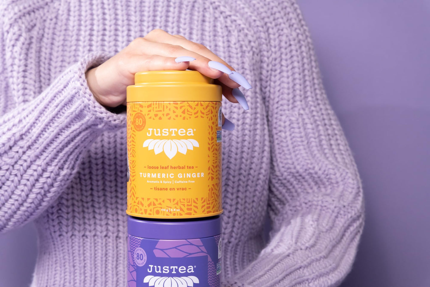 JusTea TURMERIC GINGER | Loose Leaf Herbal Tea | Tin with Hand Carved Tea Spoon | 40+ Cups (3.9oz) | Caffeine Free | Award-Winning | Fair Trade |