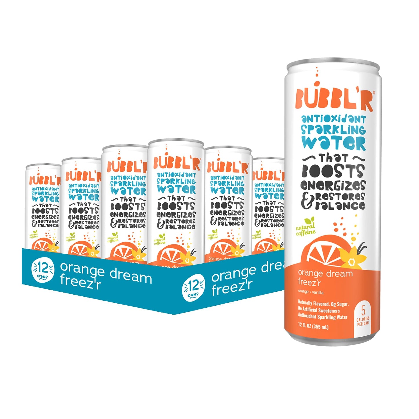 BUBBL'R orange dream freez'r, Antioxidant Sparkling Water with Natural Caffeine, 0g Sugar, Gluten Free, All Natural Flavors, 12 Fl Oz Cans, 12 Count