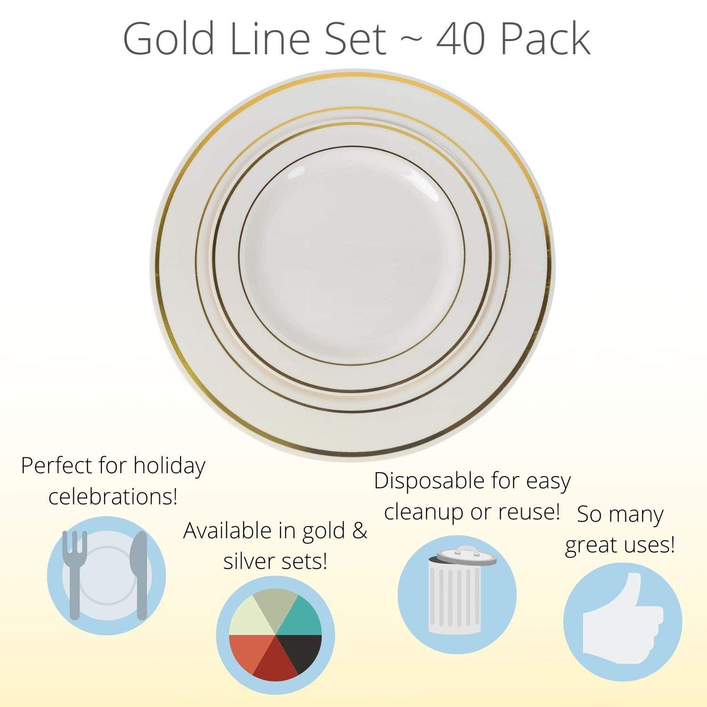 Exquisite 40 Gold Line Plastic Plates (20-dinner 20-dessert) Set Premium Heavyweight Plastic Wedding Like China