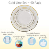 Exquisite 40 Gold Line Plastic Plates (20-dinner 20-dessert) Set Premium Heavyweight Plastic Wedding Like China