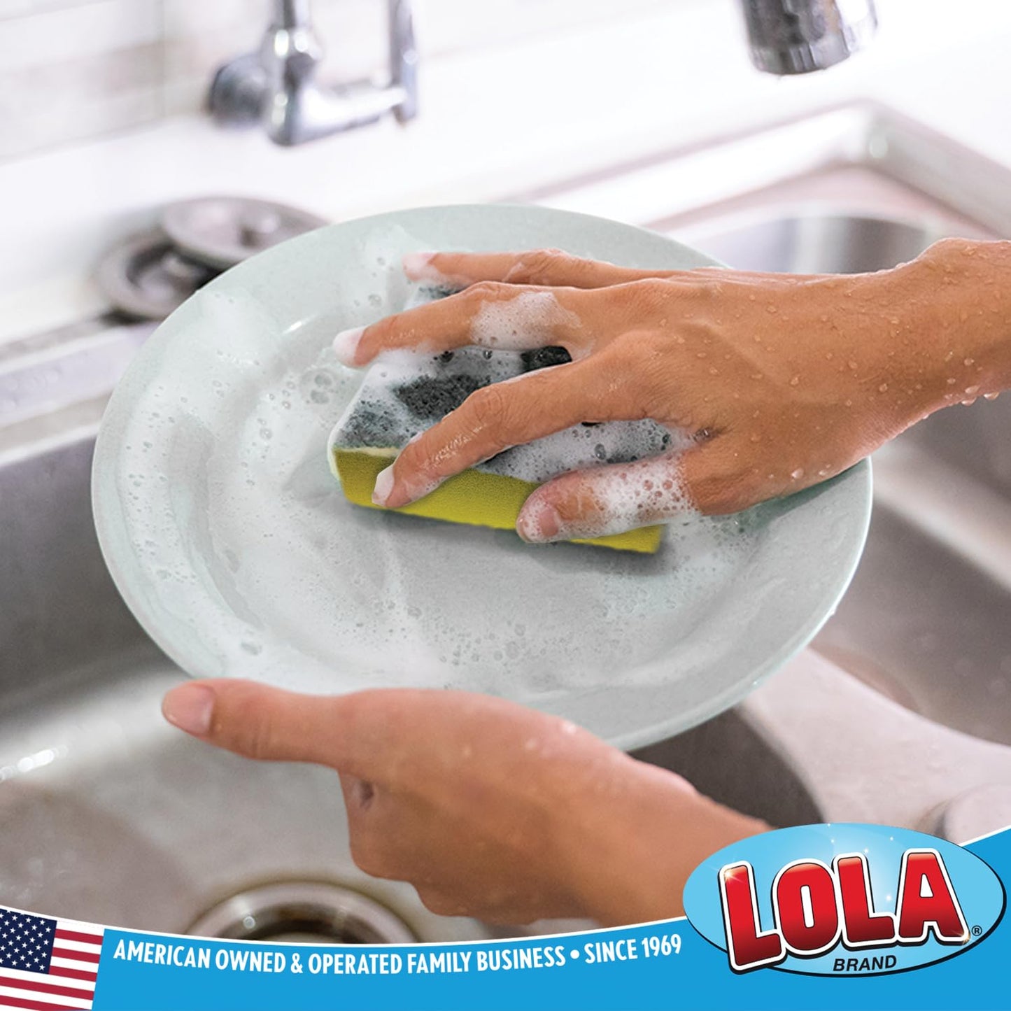 LOLA Pot Brite Scour N' Sponge, 12 Pack, Non-Scratch Dish Scrub, Nylon & Polyester, Fiber Side Scrubs & Scours & Sponge Side Wipes & Dries