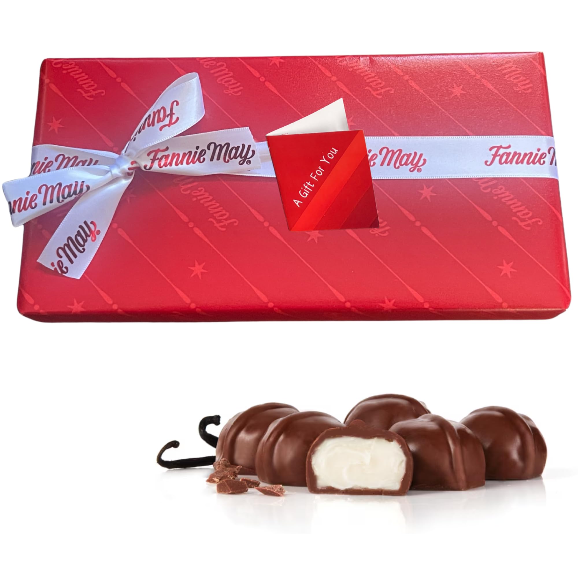Fannie May Milk Chocolate Vanilla Buttercreams Signature Wrap 1 lb. Box - Gift Basket with Gift Tag & Insulated Box