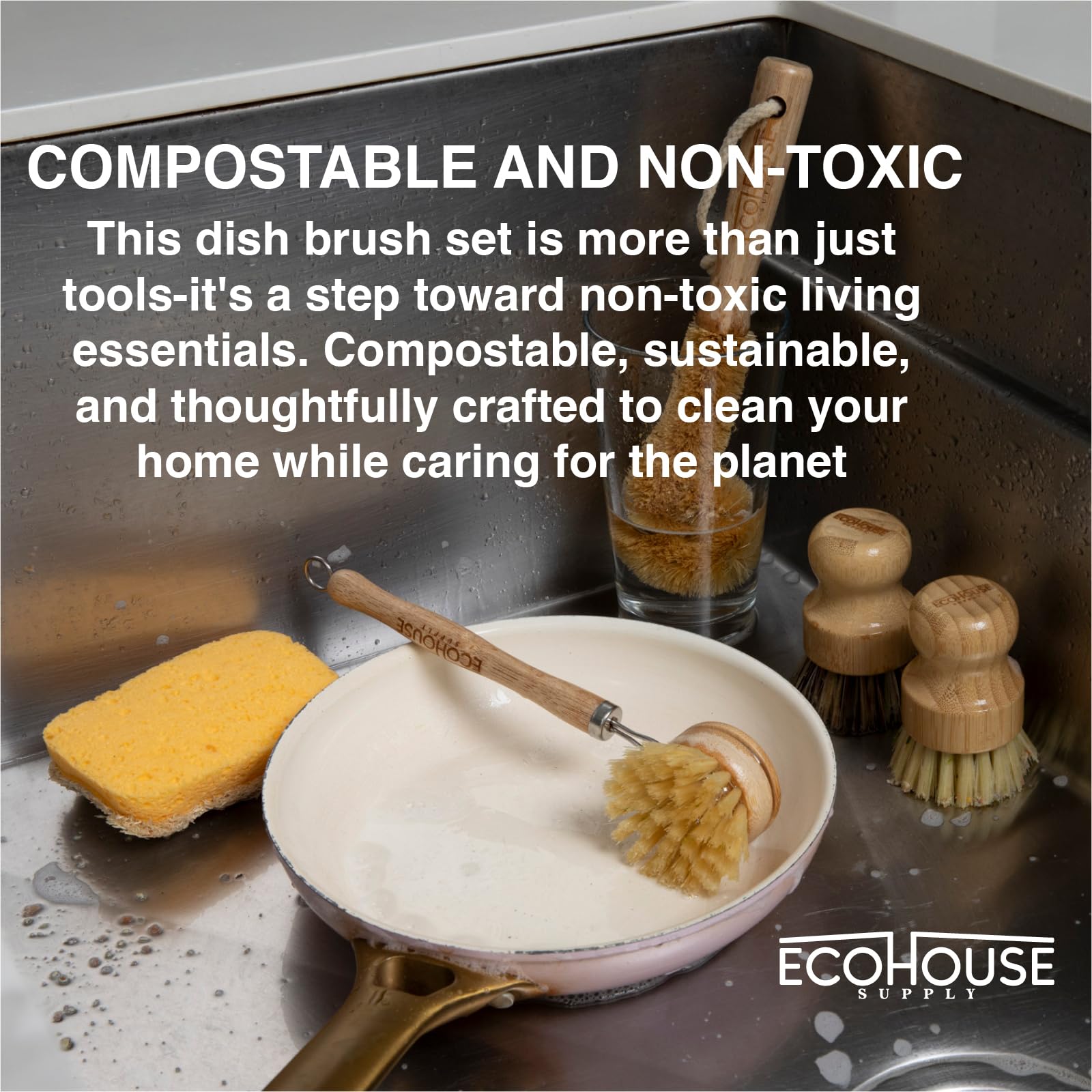 ECOHOUSE SUPPLY™ Bamboo Dish Brush Set - 6-Piece Natural Fiber Kitchen Brush Set with Loofah Sponges (No Bleach), Sisal & Palm Scrubbers - Non-Toxic