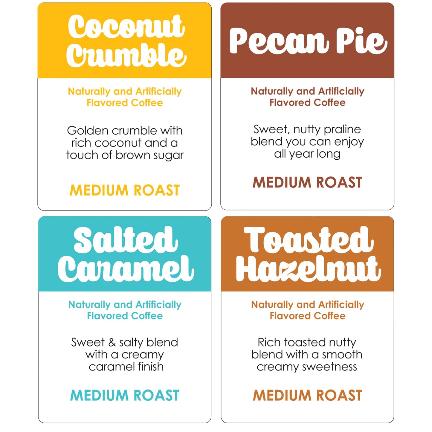 Donut Café - Gourmet Coffee Medium Roast Flavored Variety Pack - Pecan Pie, Coconut Crumble, Salted Caramel, Toasted Hazelnut - Single Serve Coffee