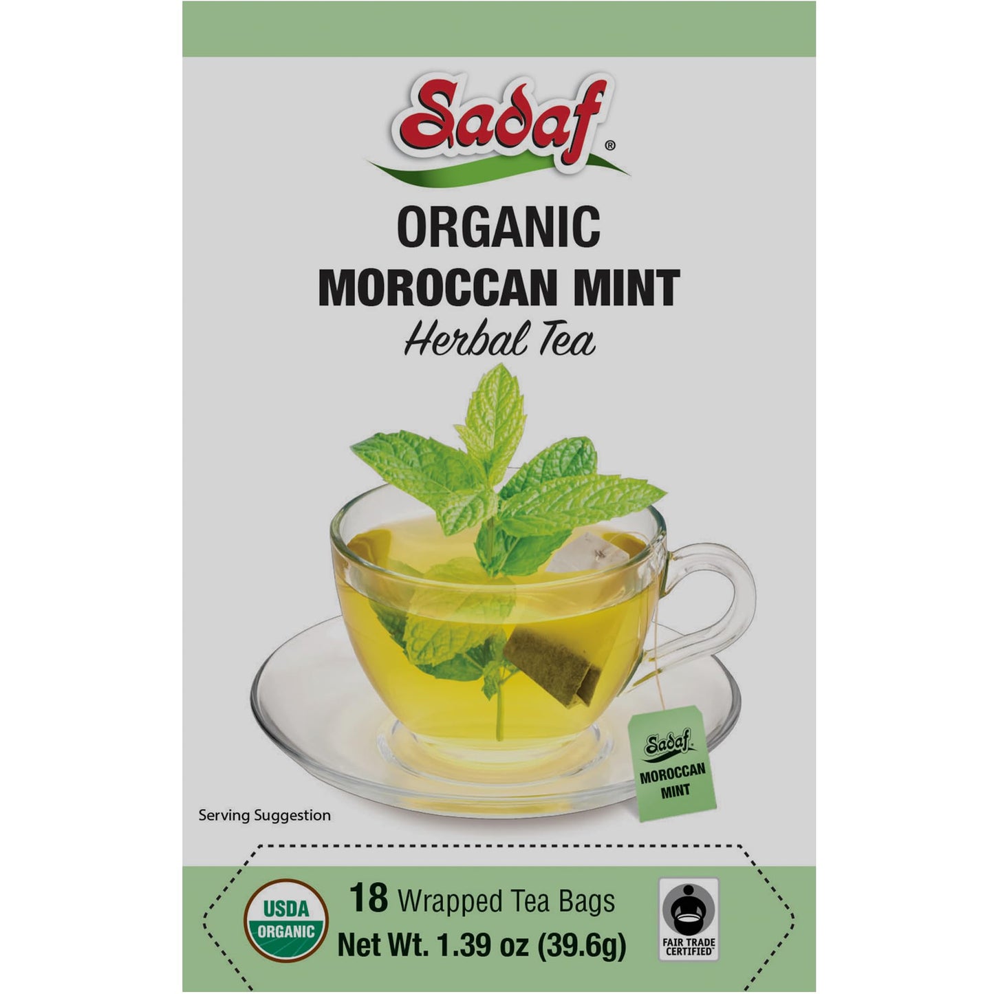 Sadaf Organic Moroccan Mint Tea - Mint Tea Bags - Ideal for Hot or Iced Tea - Organic Herbal Tea - Kosher - 18 Wrapped Tea Bags