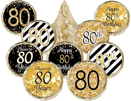 Black and Gold 80th Birthday Stickers - Chocolate Kisses Candy Party Favor Labels, 80th Birthday Decorations - 180 Count