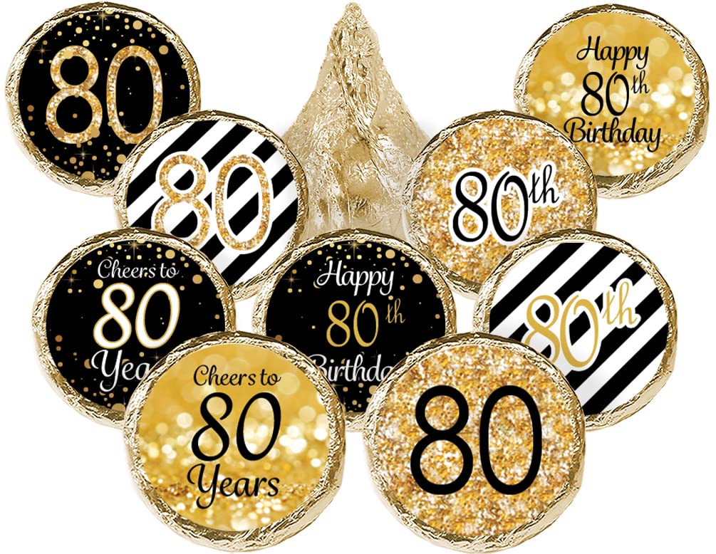 Black and Gold 80th Birthday Stickers - Chocolate Kisses Candy Party Favor Labels, 80th Birthday Decorations - 180 Count