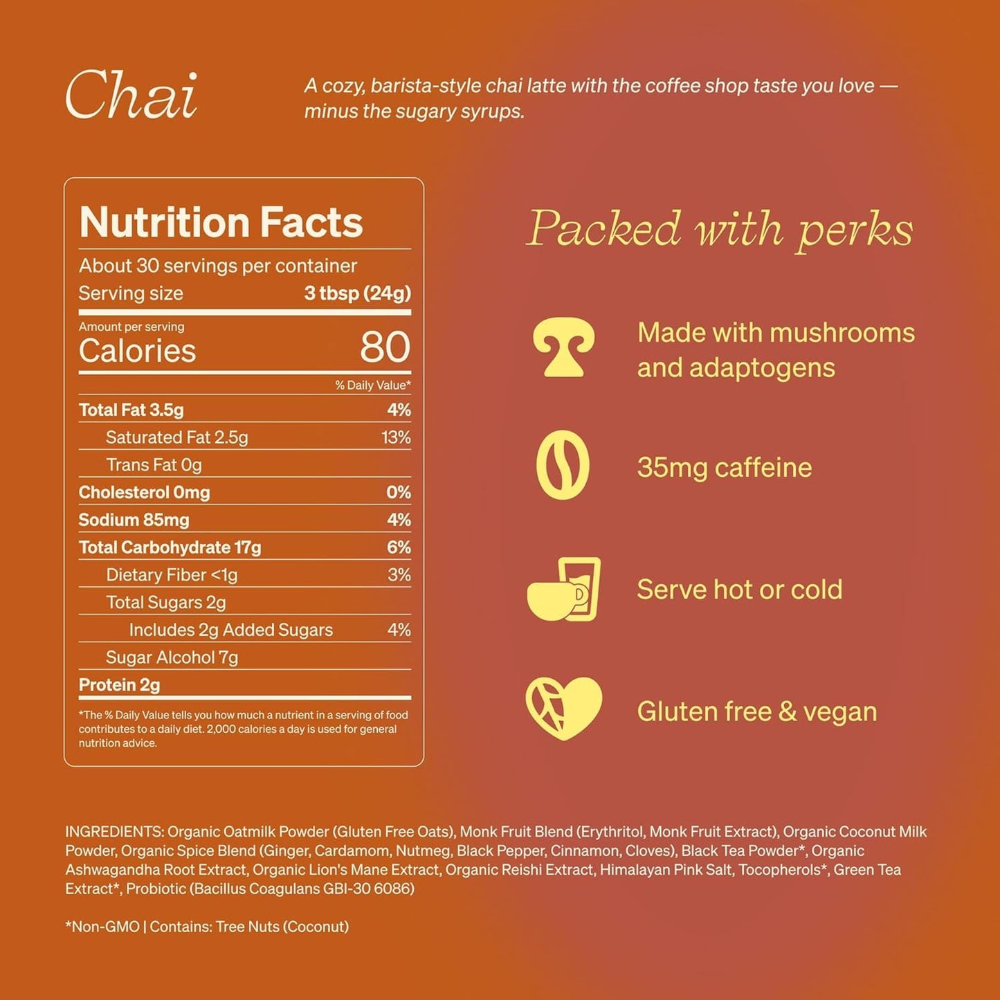 Clevr Chai Tea Latte, Instant Superfood Powder Blend with Lions Mane, Reishi Mushroom, Black Tea, Organic Spices, Coconut Cream, Ashwagandha, Oprah’s
