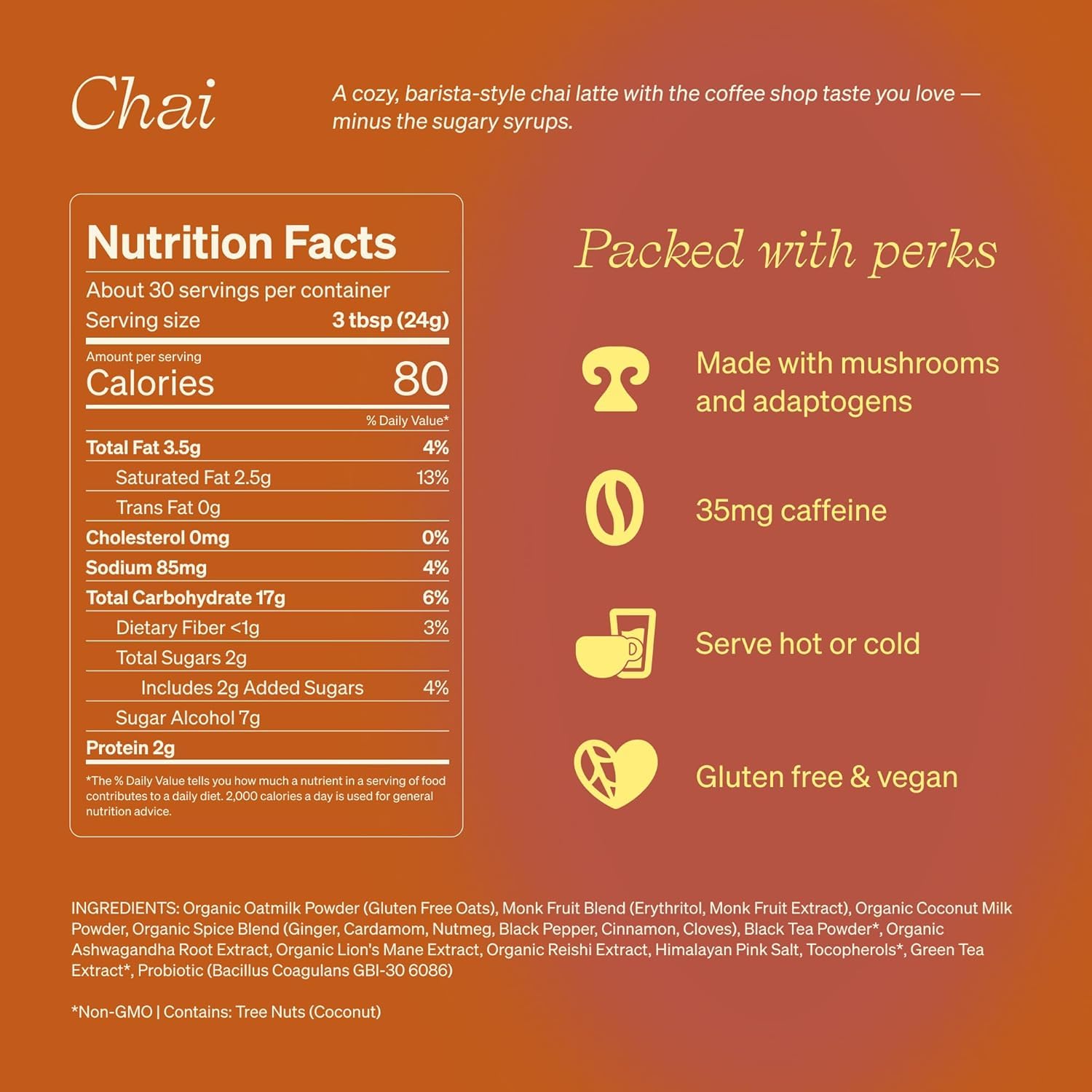Clevr Chai Tea Latte, Instant Superfood Powder Blend with Lions Mane, Reishi Mushroom, Black Tea, Organic Spices, Coconut Cream, Ashwagandha, Oprah’s