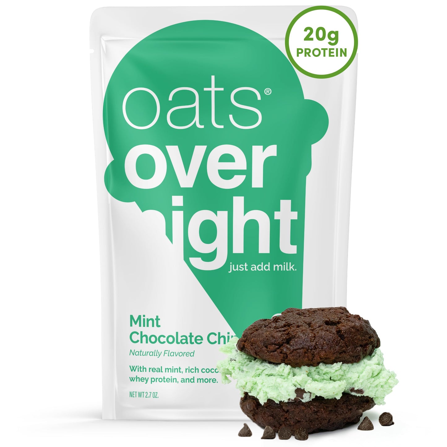 Oats Overnight Mint Chocolate Chip - Overnight Oats with 20g Protein, High Fiber Breakfast Protein Shake - Gluten Free Oatmeal, Non GMO High Protein