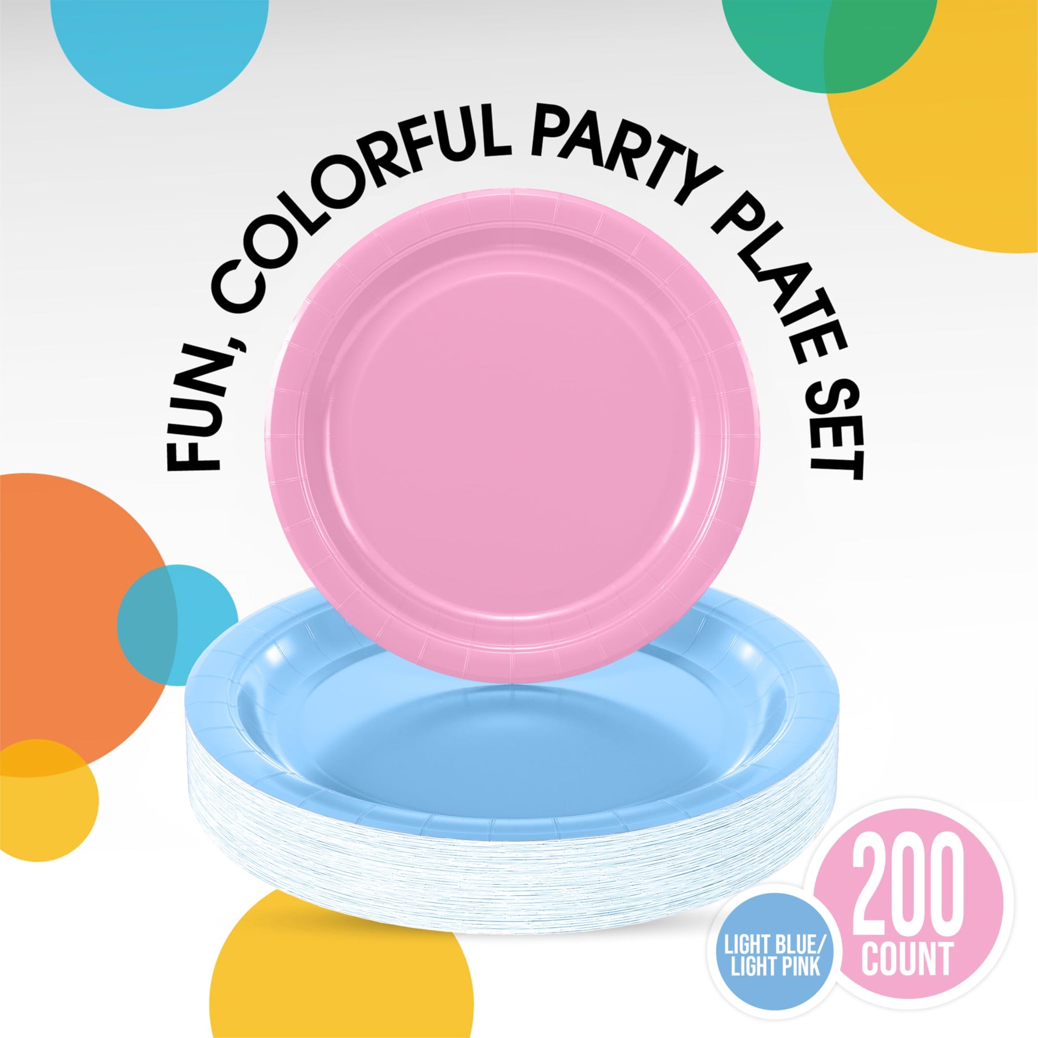 Party Solids Exquisite Light Blue & Pink Mixed Paper Plates - 7" & 9", 200 Pack (100 each), 350 GSM