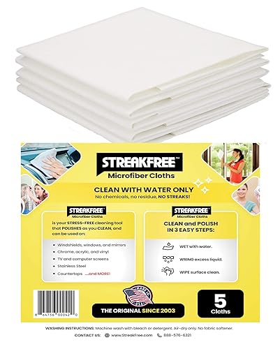 StreakFree Microfiber Glass Cleaning Cloths - 5 Pack 16x16 Lint Free Window & Mirror Cloths - Just Add Water, No Chemicals, Streak-Free Shine