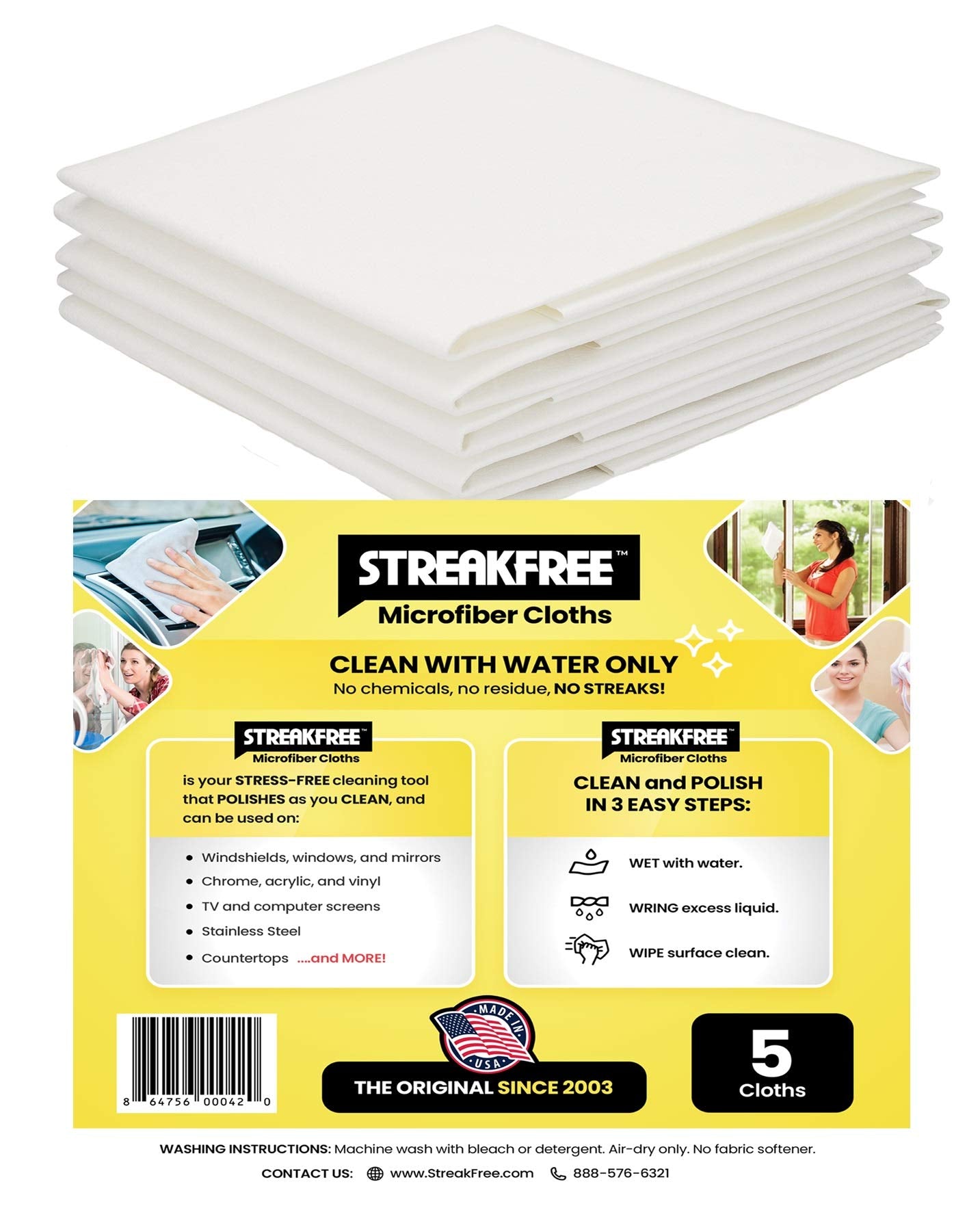 StreakFree Microfiber Glass Cleaning Cloths - 5 Pack 16x16 Lint Free Window & Mirror Cloths - Just Add Water, No Chemicals, Streak-Free Shine