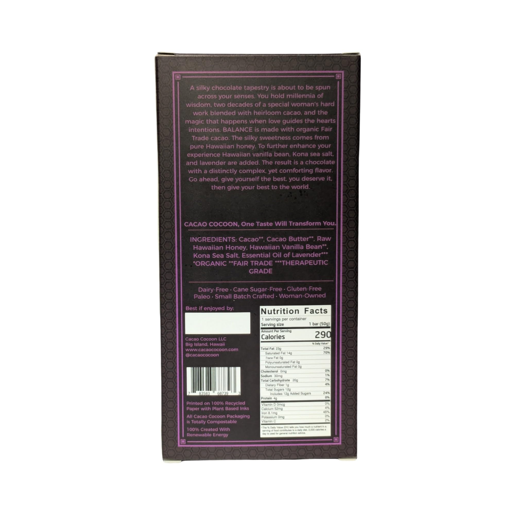 Cacao Cocoon Lavender Chocolate Bar, 75% cacao, honey, vanilla, lavender