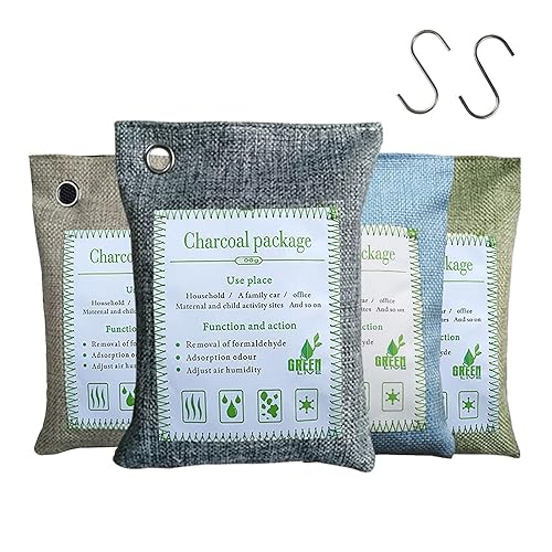 Bamboo Charcoal Bags Odor Absorber, 2 Packs 200g Charcoal Deodorizer Bags with Hooks, Nature Bamboo Charcoals Air Purifying Bags Activated Charcoals