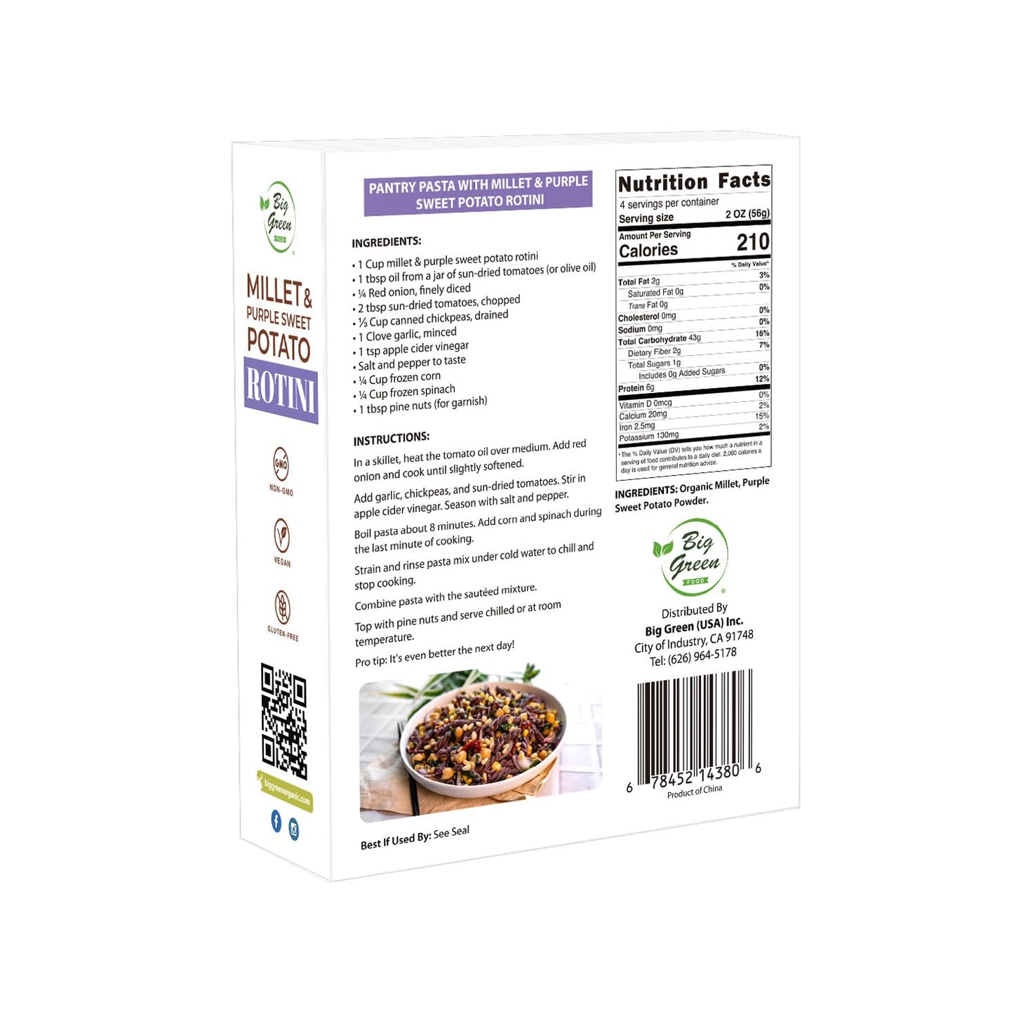 Big Green Food - Millet & Purple Sweet Potato Rotini Pasta, Gluten-Free, Non-GMO, Vegan, Wheat-Free, Made with Millet and Purple Sweet Potato (3