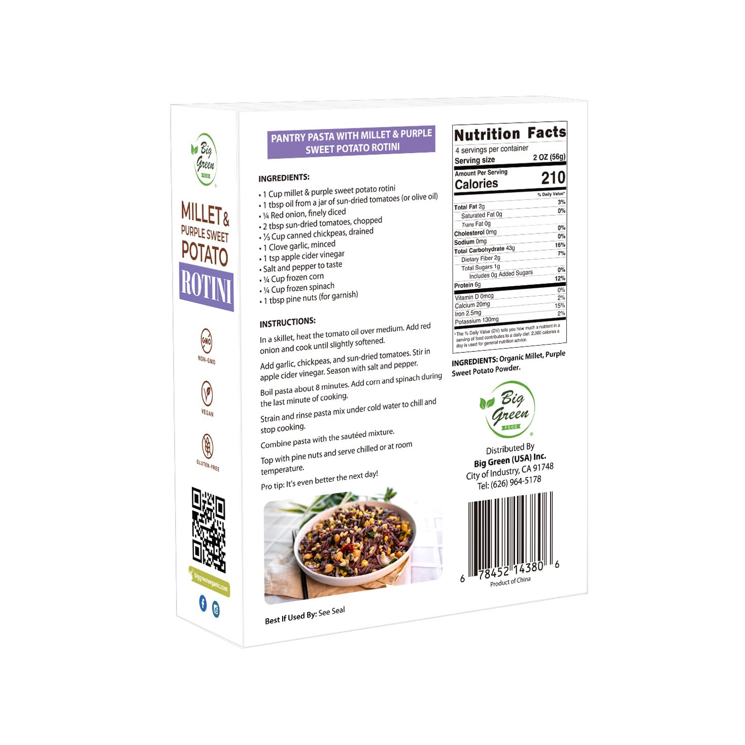Big Green Food - Millet & Purple Sweet Potato Rotini Pasta, Gluten-Free, Non-GMO, Vegan, Wheat-Free, Made with Millet and Purple Sweet Potato (3