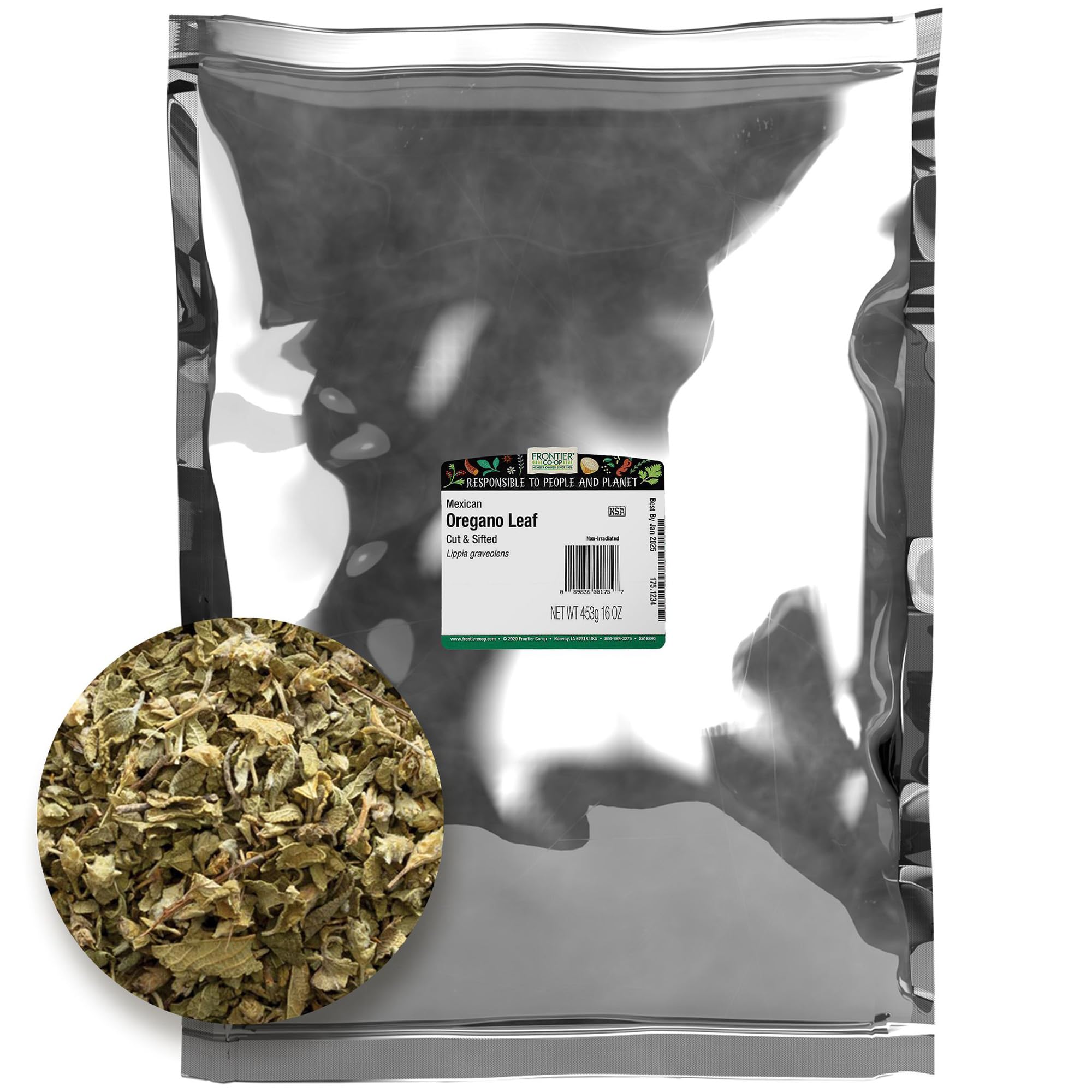 Frontier Co-op Mexican Oregano Leaf, 1lb Bulk Bag - Cut & Sifted - Dried Oregano Leaves, Ideal for Oregano Tea, Taco Seasoning & Mexican Food, Kosher
