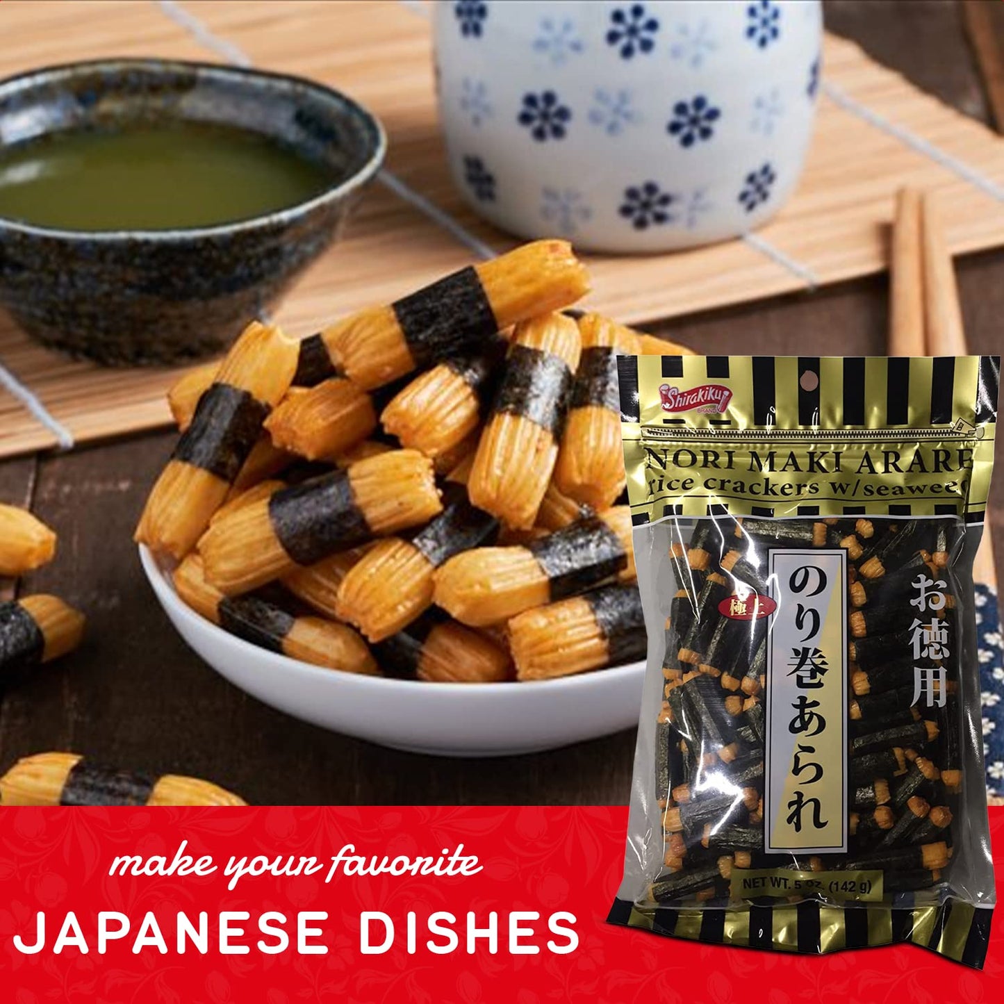 Shirakiku Japanese Nori Maki Arare Rice Crackers with | Glutinous Rice, Soy Sauce, Wheat, and Seaweed | Crispy and Savory Cracker Snacks, Seaweed