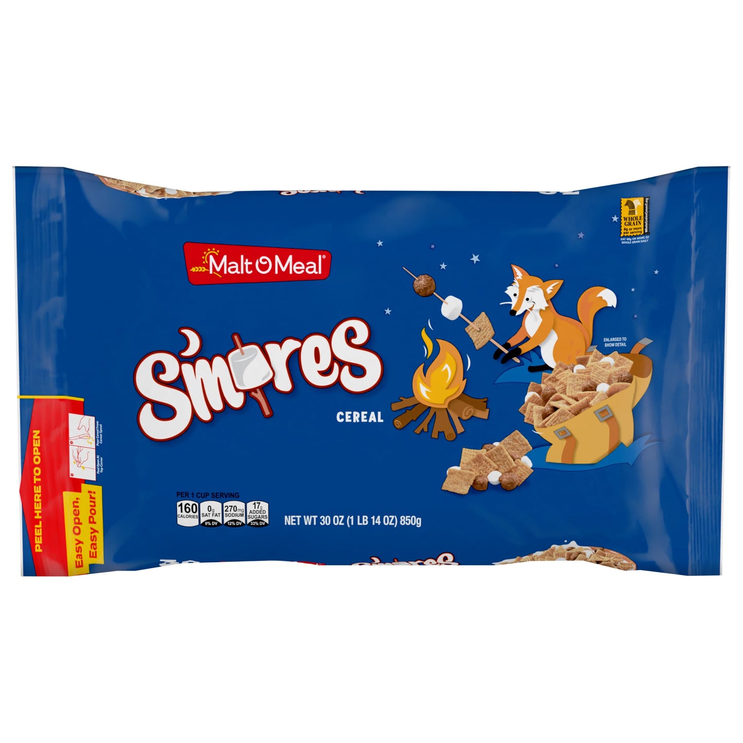 Malt-O-Meal S'mores Breakfast Cereal with Honey Graham Squares, Chocolatey Puffs and Marshmallow Bits, Large Size for Family, 30 oz Bag