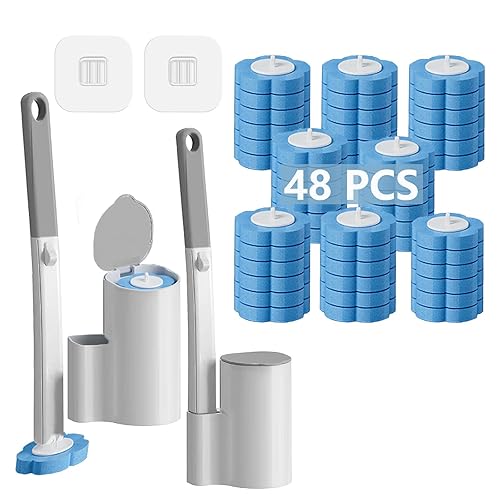 Ucaimao 2 Pack Disposable Toilet Brush and Holder Set,Extended Handle with 48 Cleaner Refills Toilet Brush for Toilet Bowl Cleaners,Bathroom Cleaning