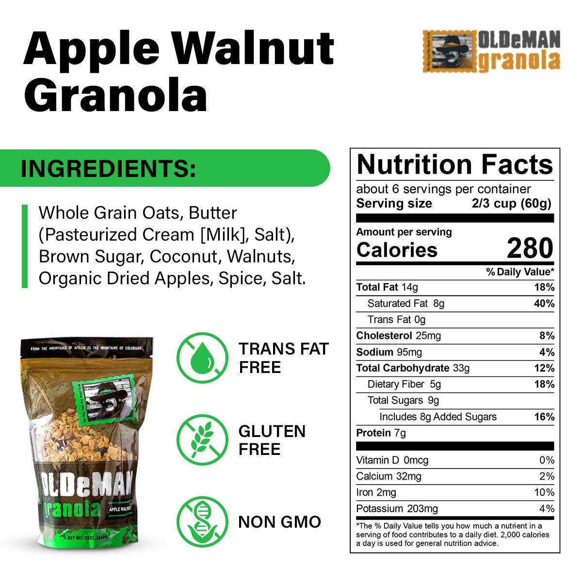 Olde Man Granola Gluten Free Granola - Non-GMO Healthy Granola Cereal - Soft Whole Grain Oats, Butter, Brown Sugar - Handmade in Colorado (Apple