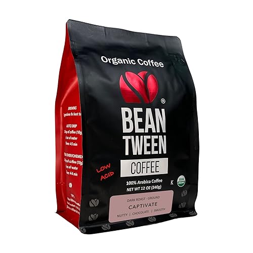 Beantween Coffee: Premium Organic DARK ROAST Ground (12oz) of 100% Arabica Coffee - Low Acid, MOLD-FREE, Certified Organic, Kosher, Single Origin