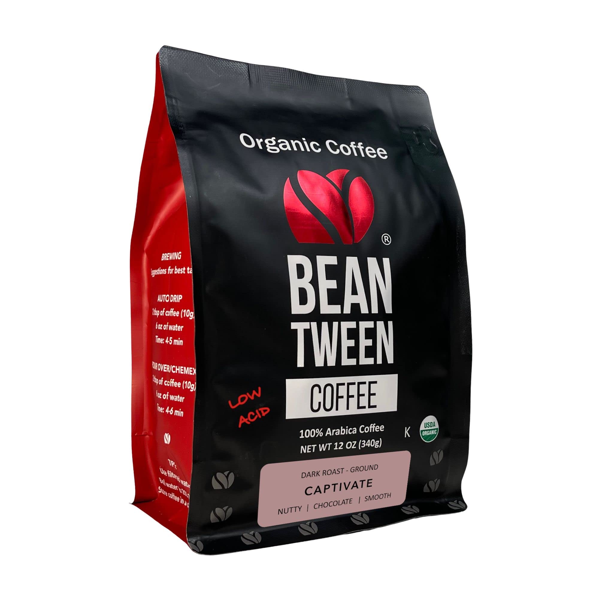 Beantween Coffee: Premium Organic DARK ROAST Ground (12oz) of 100% Arabica Coffee - Low Acid, MOLD-FREE, Certified Organic, Kosher, Single Origin