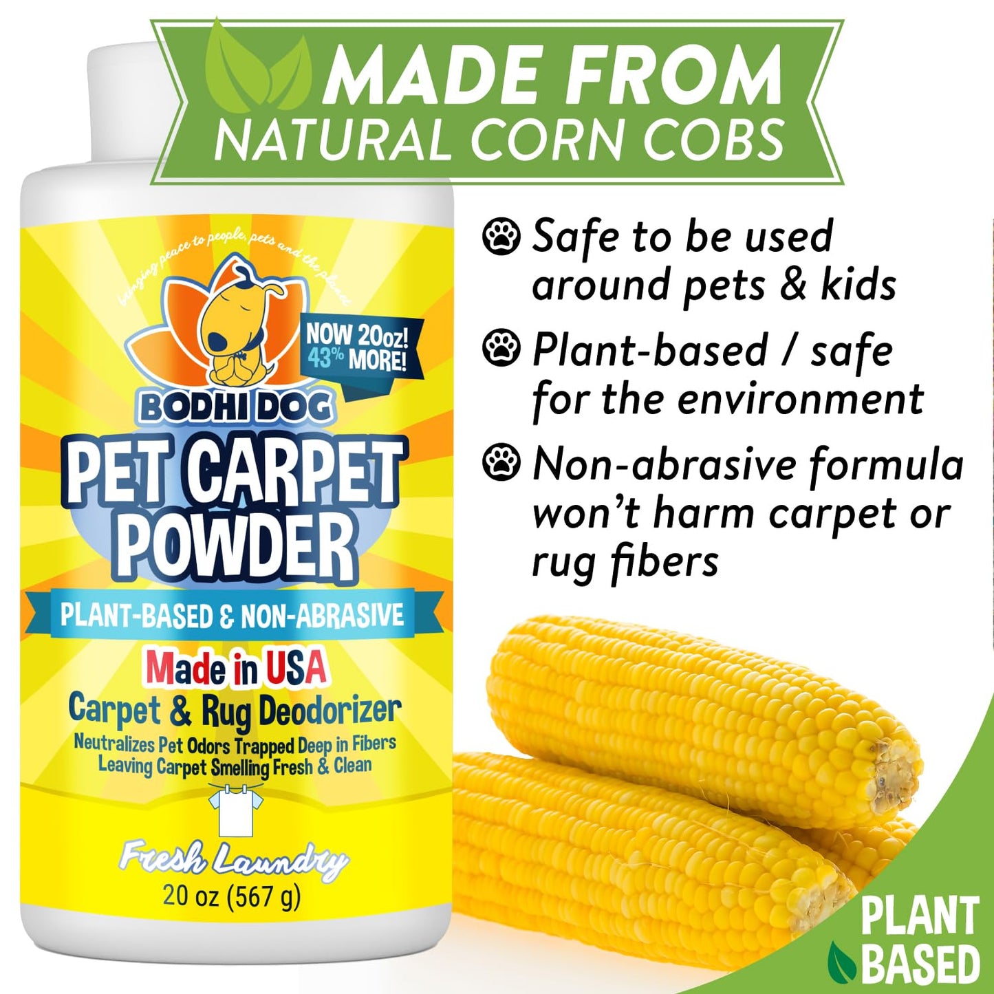 Bodhi Dog Natural Carpet Deodorizer Powder - Dry Pet Smell Eliminator & Urine Odor Remover - Loosens Fur & Dirt - Plant-Based Room Freshener