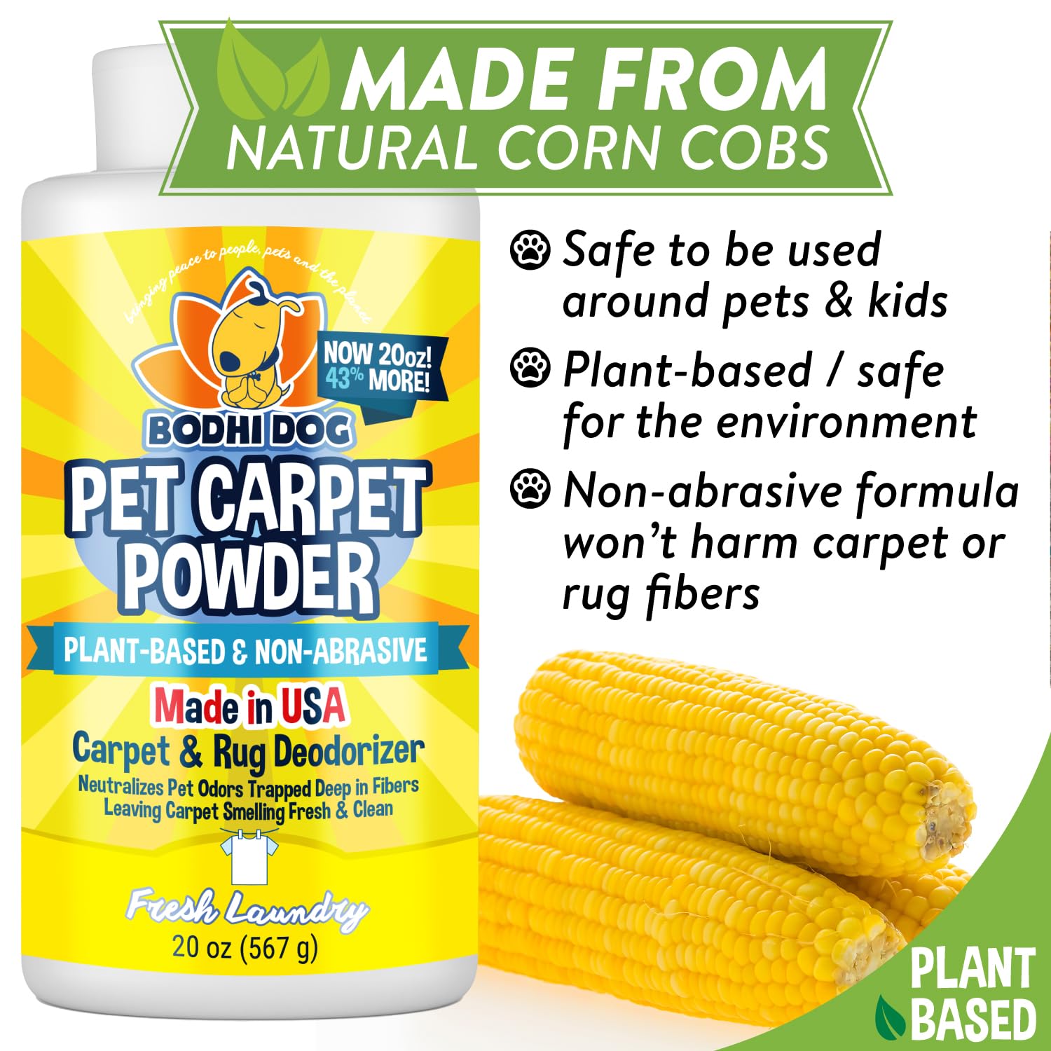 Bodhi Dog Natural Carpet Deodorizer Powder - Dry Pet Smell Eliminator & Urine Odor Remover - Loosens Fur & Dirt - Plant-Based Room Freshener