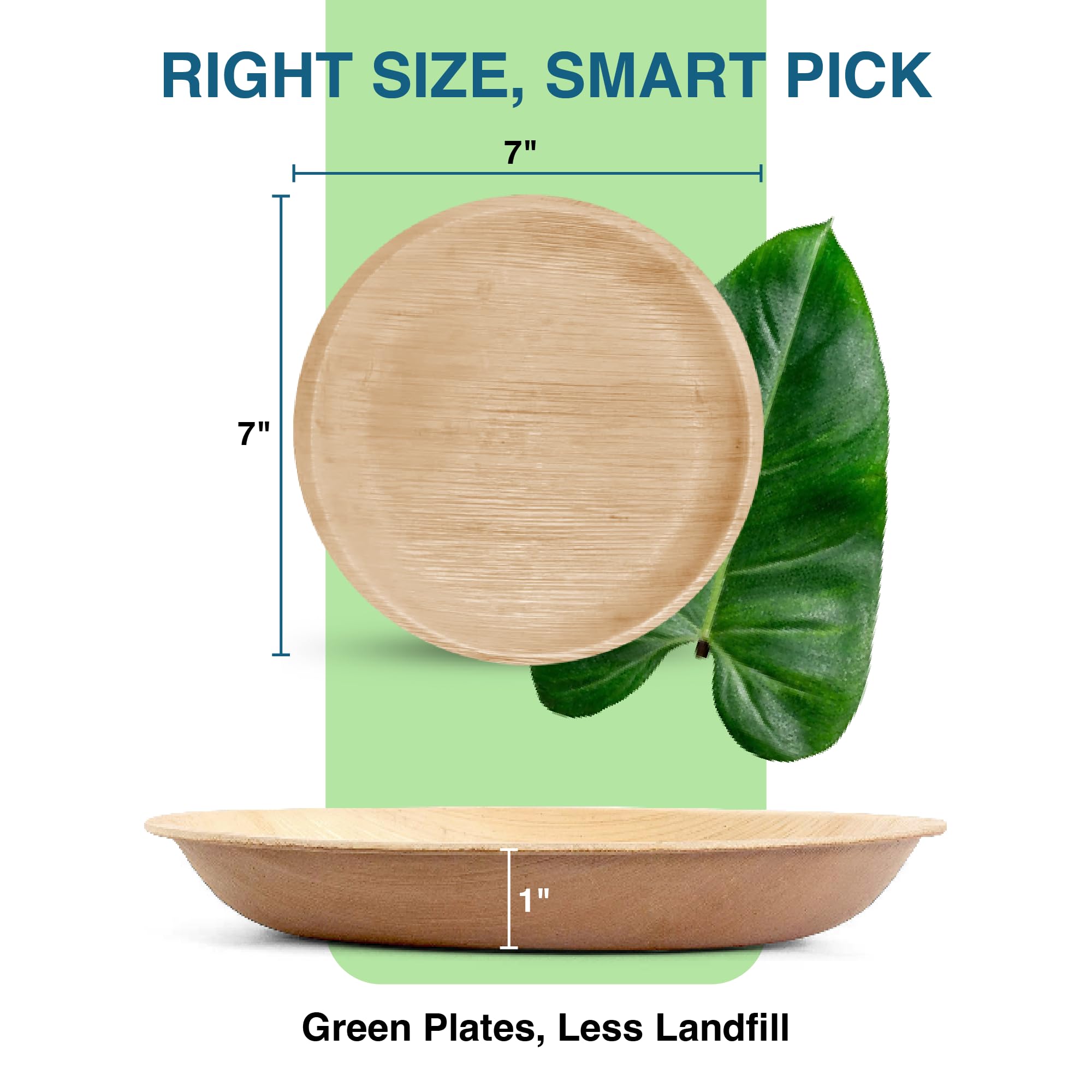 GREEN EARTHLY Bulk 7" Palm Leaf Disposable Plates (50-Count) - 100% Natural & Compostable Eco-friendly Plates for Desserts, Appetizers and Catering