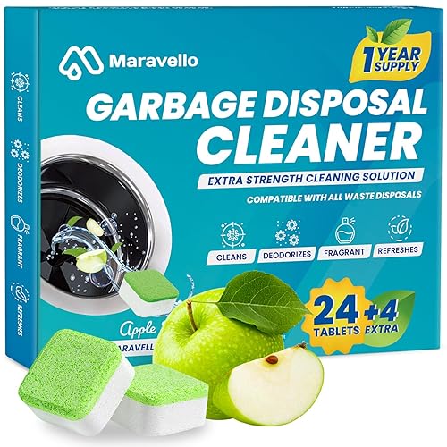 Maravello Garbage Disposal Cleaner and Deodorizer 28 Tablets Sink Foaming Garbage Disposer Freshener - Kitchen Drain Cleaning Pods with Apple Fresh