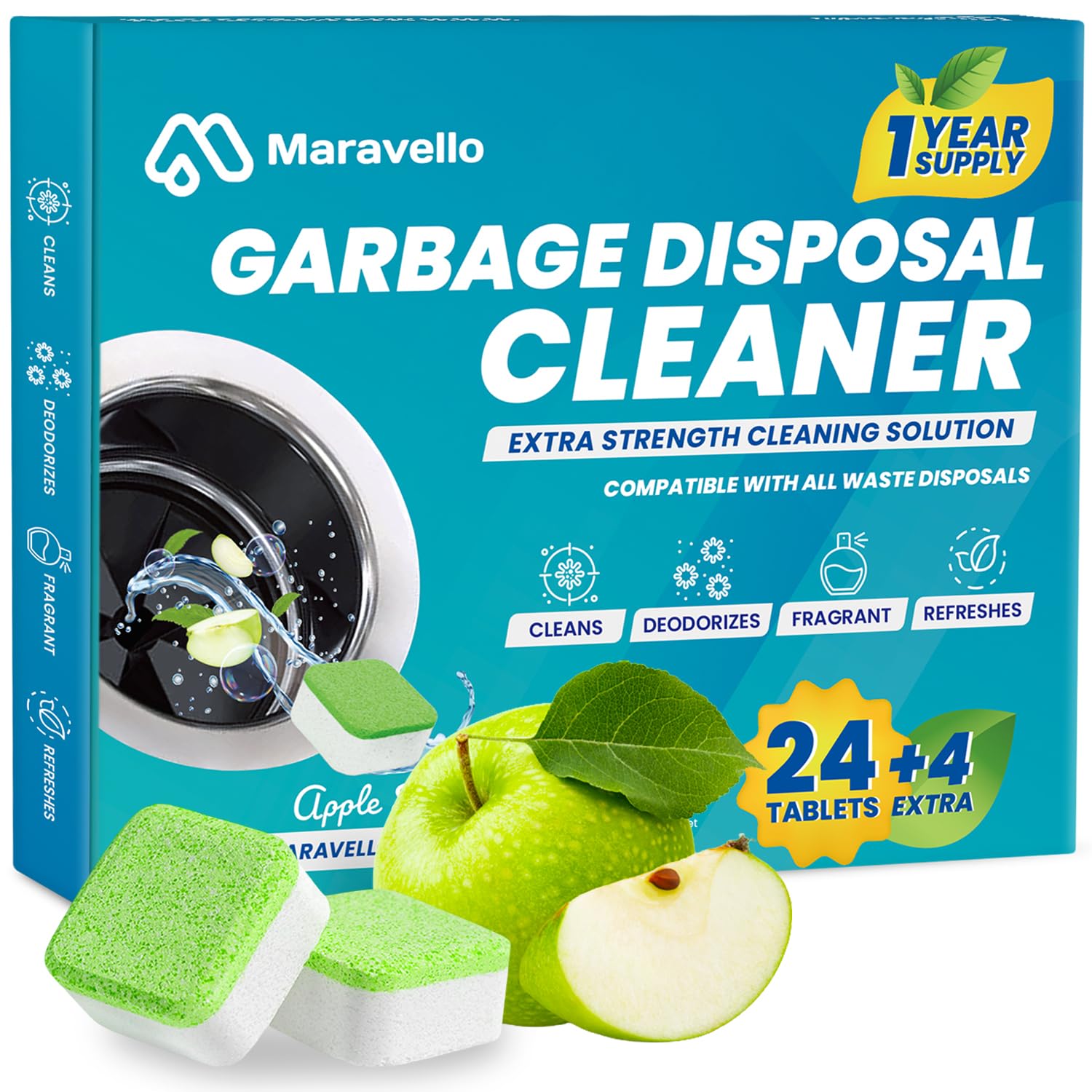 Maravello Garbage Disposal Cleaner and Deodorizer 28 Tablets Sink Foaming Garbage Disposer Freshener - Kitchen Drain Cleaning Pods with Apple Fresh