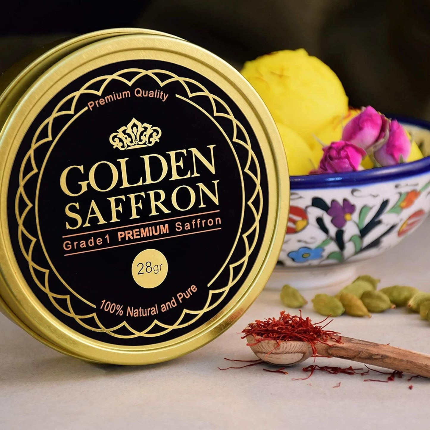 Golden Saffron, Finest Pure Premium All Red Saffron Threads, Grade A+ Super Negin, Non-GMO Verified. For Tea, Paella, Rice, Desserts, Golden Milk