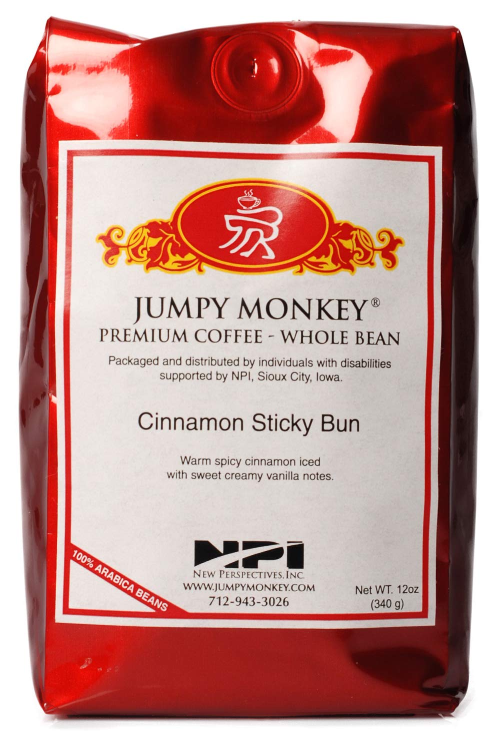 Jumpy Monkey® Coffee Cinnamon Sticky Bun Flavored Blend - Medium Roast, 100% Arabica, Whole Bean Coffee, 12 Ounce Bag