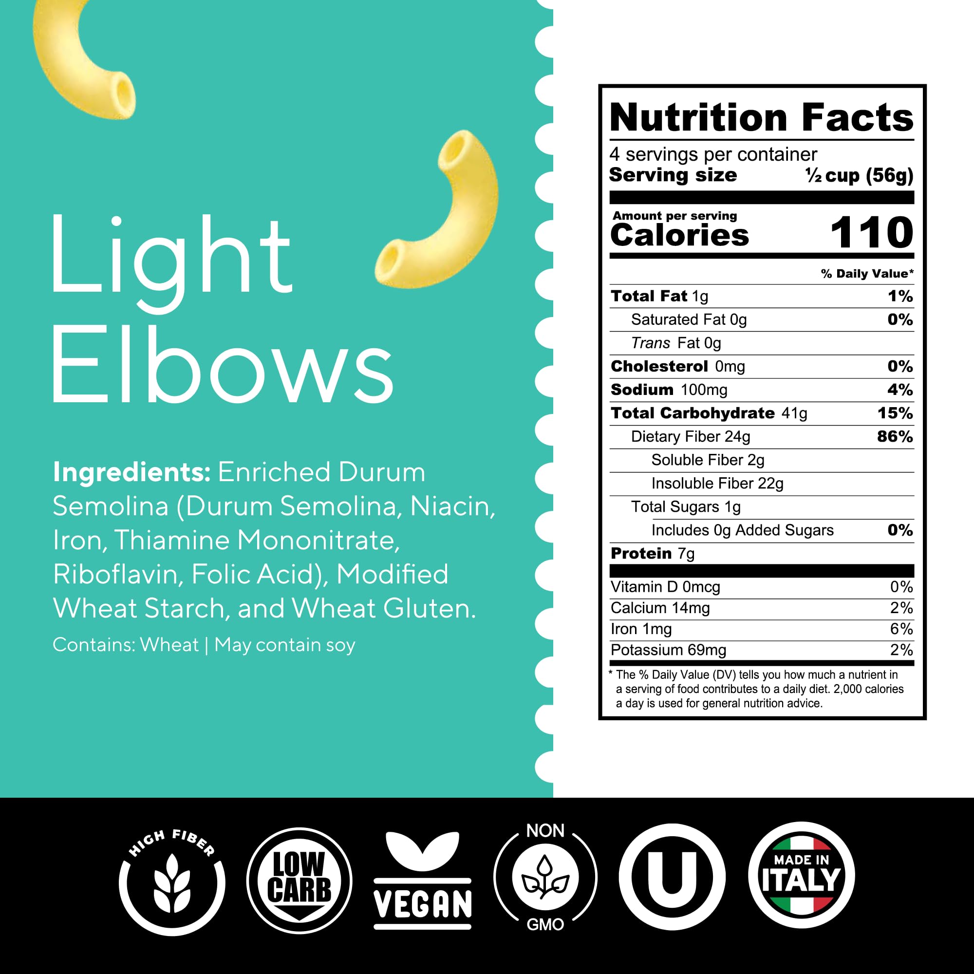 Fiber Gourmet Low Net Carb Pasta Elbow Macaroni - Keto Friendly, High Fiber, Low Calorie Italian Made Noodles - Vegan, Non-GMO, Kosher - 48% Fewer