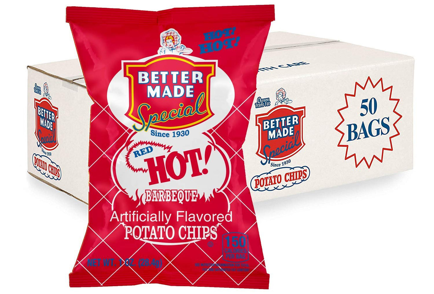 Better Made BBQ Barbecue Potato Chips - Sweet, Red Hot, Honey, Sweet Heat - Snacks - Family Owned Since & Operated (RED HOT, 50 PACK 1OZ) - Snacks