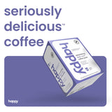 happy coffee dark roast coffee pods, 22 count, notes of cocoa & contentment, compatible with most K-cup brewers, rainforest alliance certified