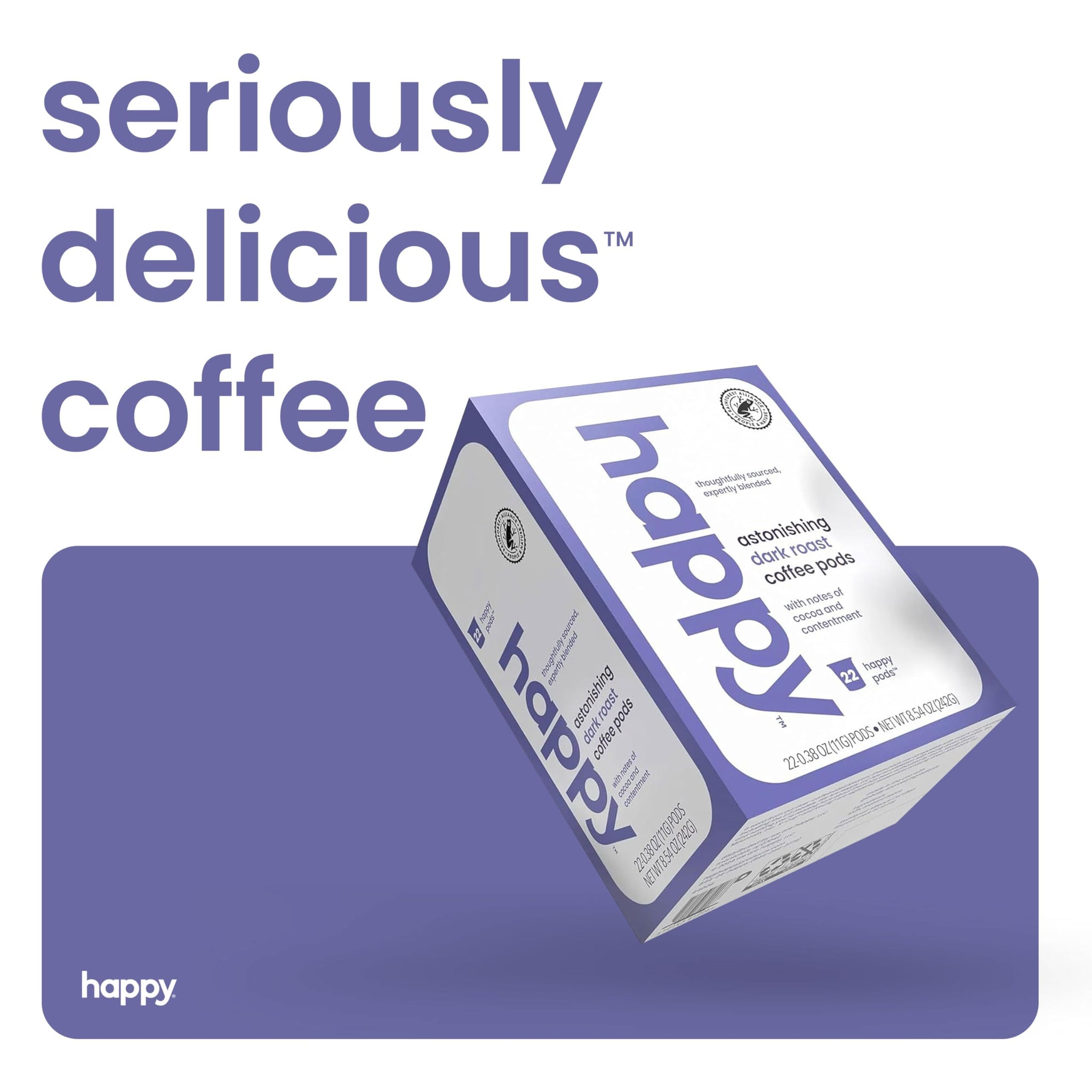 happy coffee dark roast coffee pods, 22 count, notes of cocoa & contentment, compatible with most K-cup brewers, rainforest alliance certified