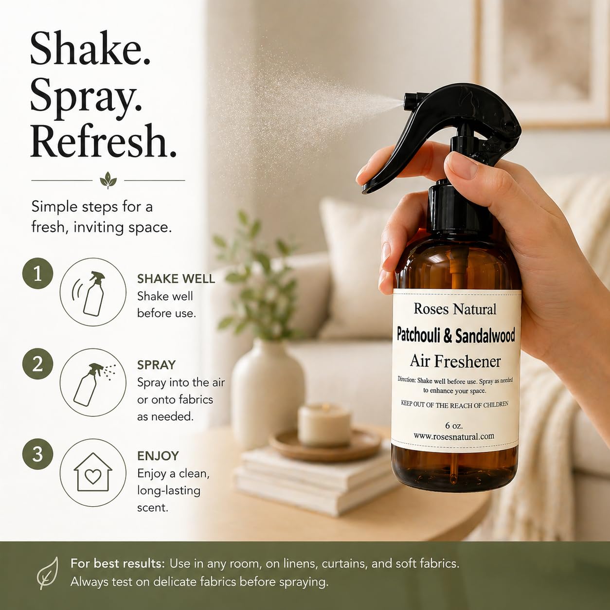Roses Natural Patchouli & Sandalwood Air Freshener, 6 oz - Essential Oil Room & Linen Spray, Warm Musky Woody Scent, Long-Lasting Home Fragrance, Made