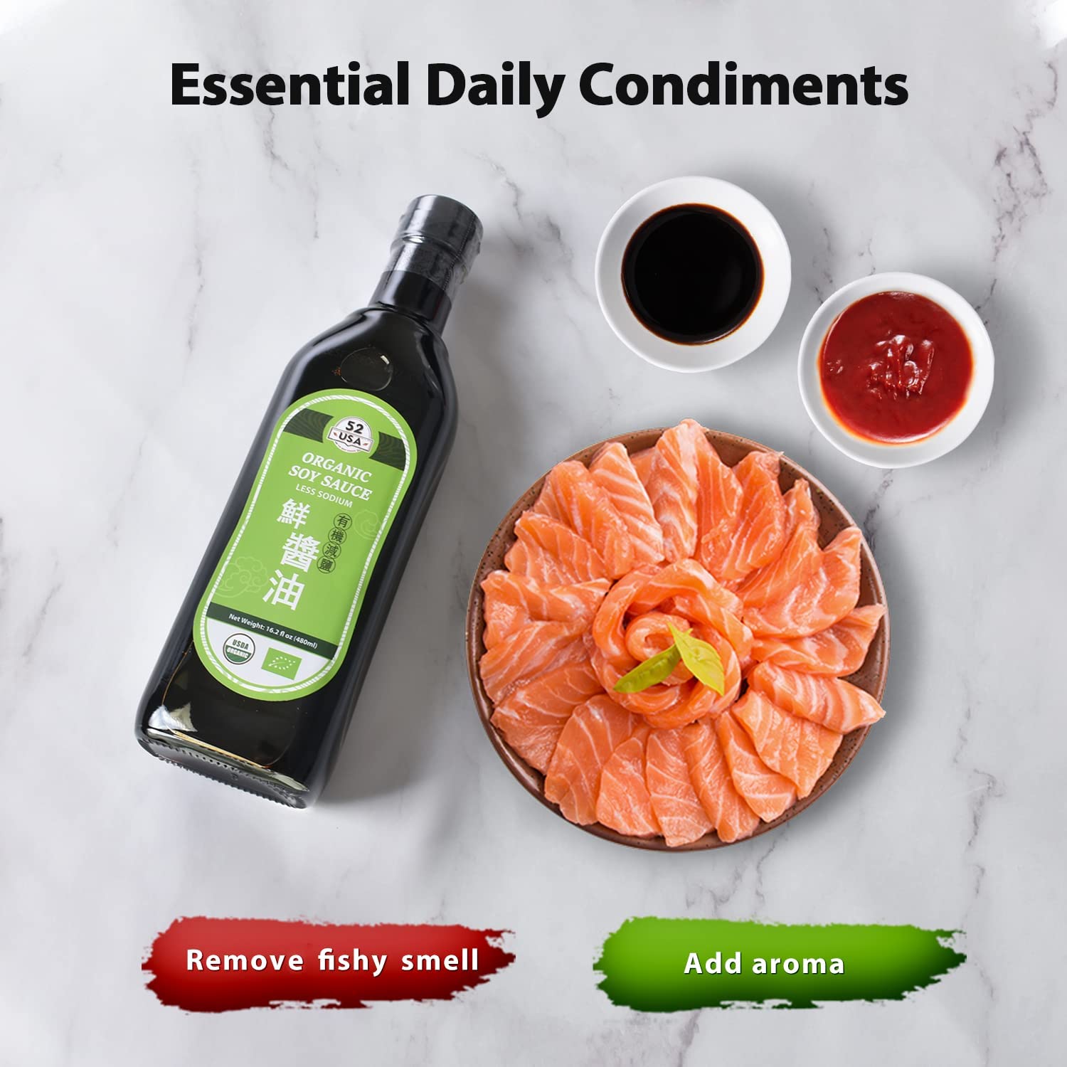 52USA Organic Low Sodium Soy Sauce, 16.2 oz (480ml), All Natural Seasoning for Cooking, Dipping and Asian Cuisine