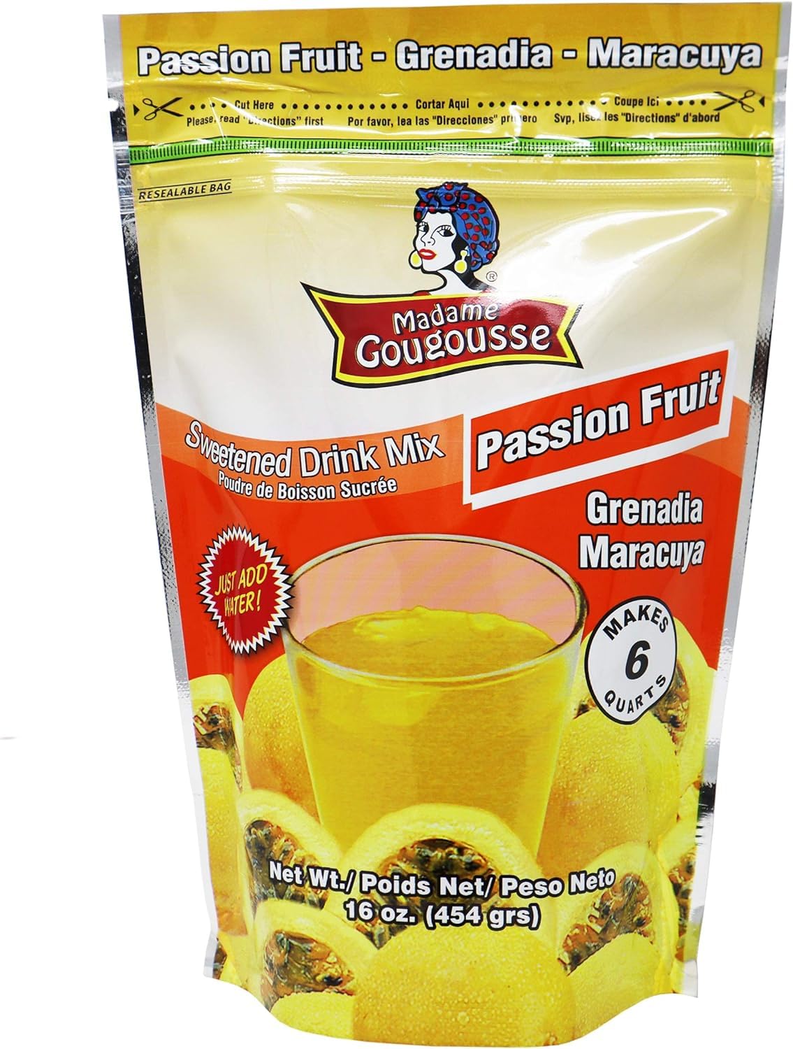 Madame Gougousse Passion Fruit Sweetened Drink Mix, 16 Ounce Resealable Pouch