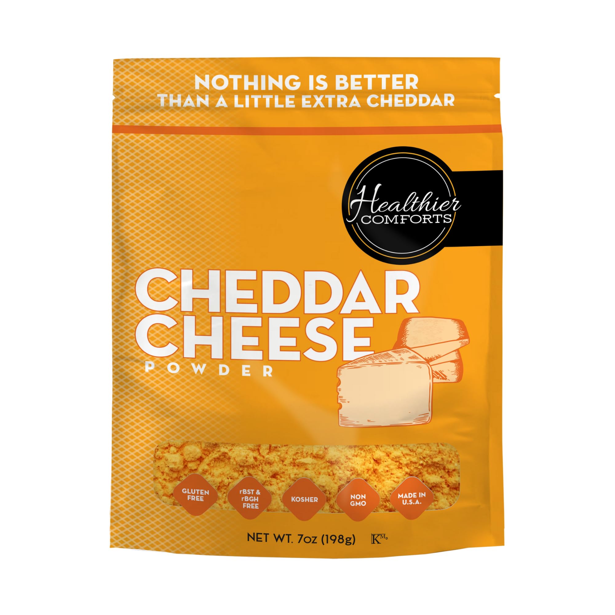 Healthier Comforts Cheddar Cheese Powder (7 oz) | Premium Yellow Cheddar | Batch Tested Gluten Free, Kosher, No Artificial Dyes | Cheesy Goodness