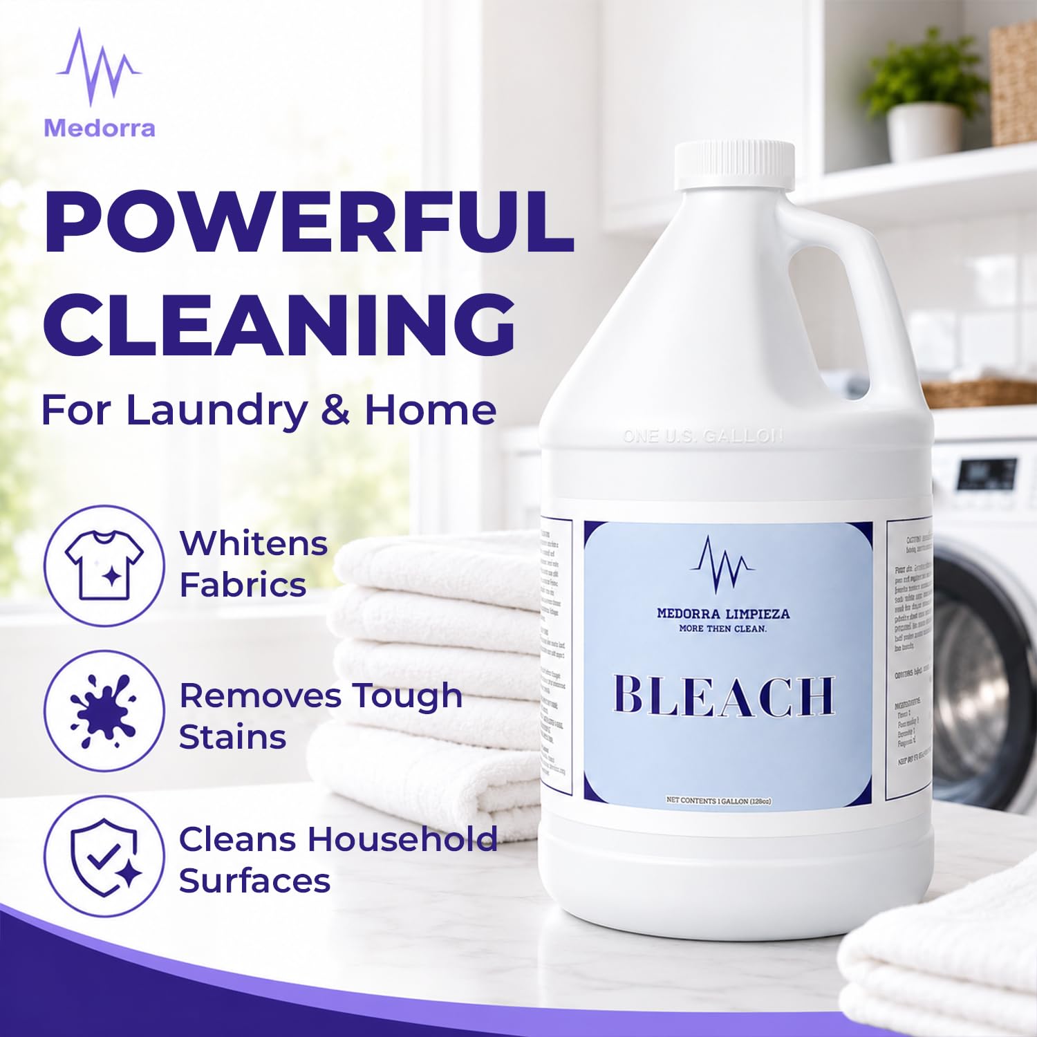 Medorra Liquid Bleach, 1 Gallon, 6-Pack, Original Unscented Chlorine Bleach, 128 fl oz Each, Multi-Purpose Cleaner for Laundry, Whites, Stain Removal