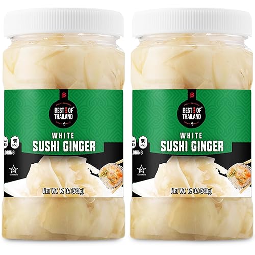 Best of Thailand Japanese White Pickled Sushi Ginger | No MSG | 2 Jars of 12oz Fresh Sliced Young Gari Pickled Ginger in All Natural, Sweet Pickling
