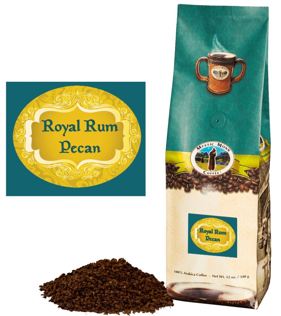 Mystic Monk Coffee: Royal Rum Pecan Flavored Ground Coffee (Flavor Roast 100% Arabica Coffee) - 12oz